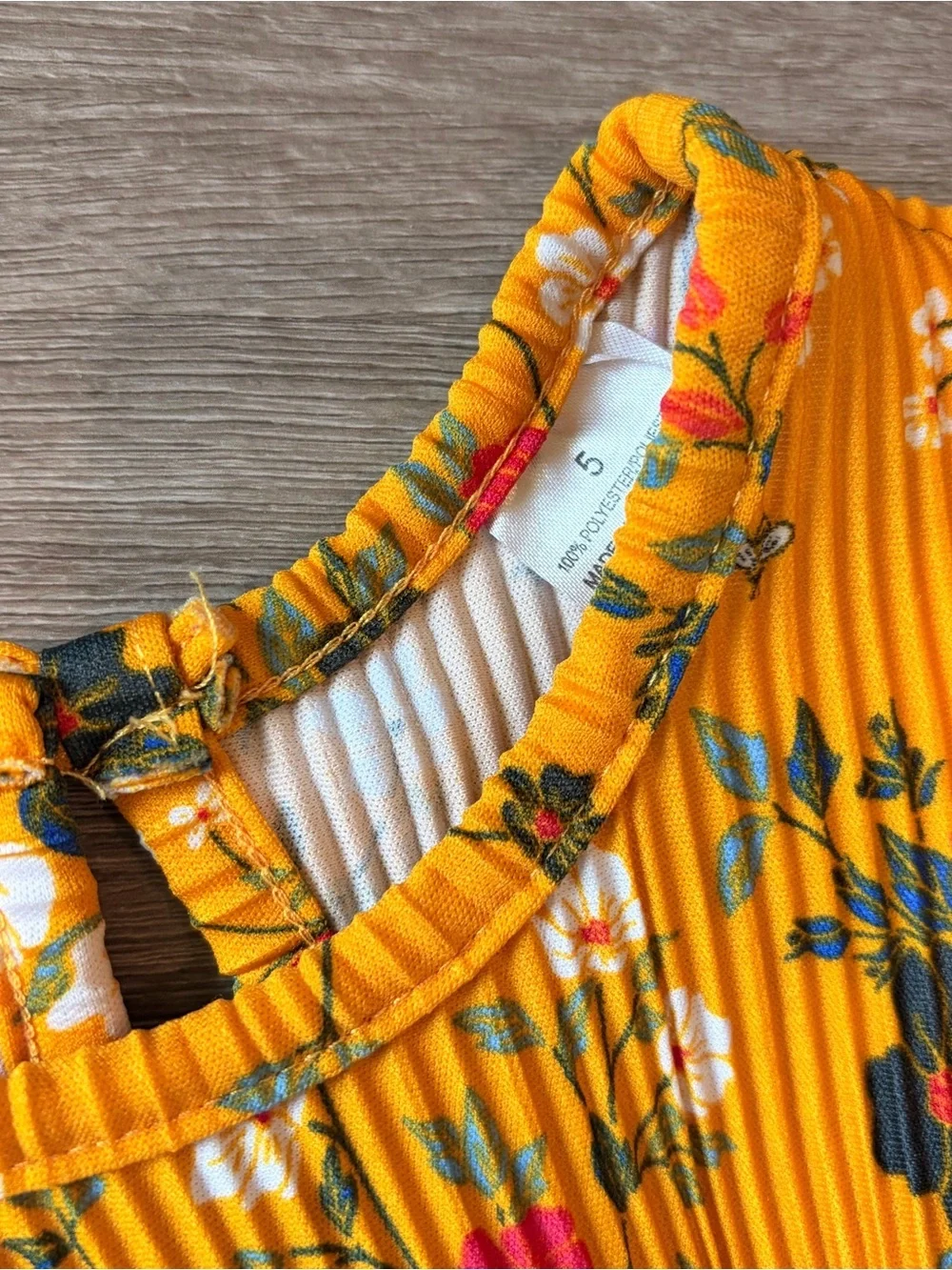 Little girls golden yellow floral print ribbed jumpsuit